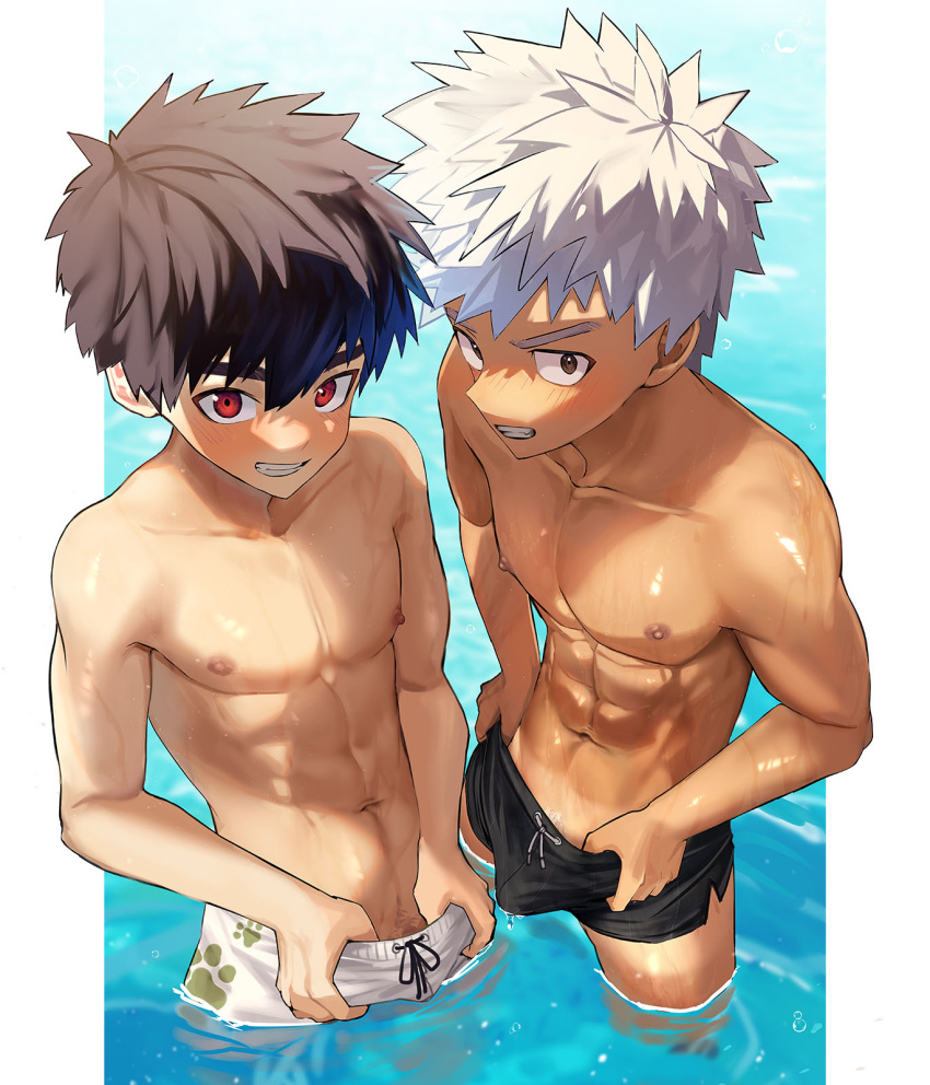 2boys abs bangs batsusuke black_hair black_male_swimwear blush brown_eyes bulge collarbone day from_above grin highres looking_at_viewer male_focus male_only male_pubic_hair male_swimwear multiple_boys naughty_face navel nipples original outdoors outside_border pectorals pubic_hair pubic_hair_peek pulled_by_self red_eyes sanpaku shiny shiny_skin short_hair shorts_tan side-by-side smile spiked_hair standing swim_briefs swim_trunks tan tanlines thumb_in_waistband toned toned_male wading water wet white_hair white_male_swimwear