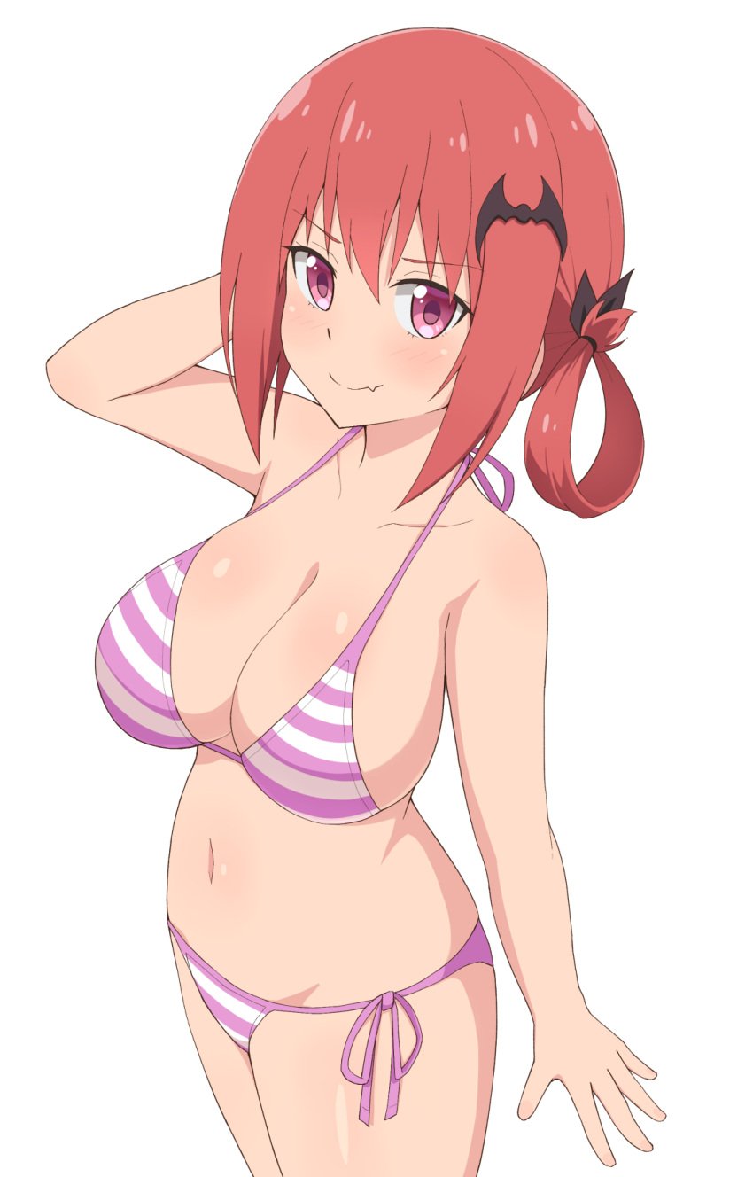 arm_at_side arm_behind_head arm_up bad_id bad_pixiv_id bangs bare_arms bare_shoulders bat_hair_ornament bikini blush breasts cleavage closed_mouth collarbone commentary_request cowboy_shot female gabriel_dropout hair_between_eyes hair_ornament hair_ribbon hair_rings halterneck highres kurumizawa_satanichia_mcdowell large_breasts looking_at_viewer navel nyaroon oerba_yun_fang pink_eyes red_hair ribbon satanichia_kurumizawa_mcdowell side-tie_bikini sidelocks simple_background skindentation smile solo standing stomach string_bikini striped striped_bikini swimsuit thighs white_background