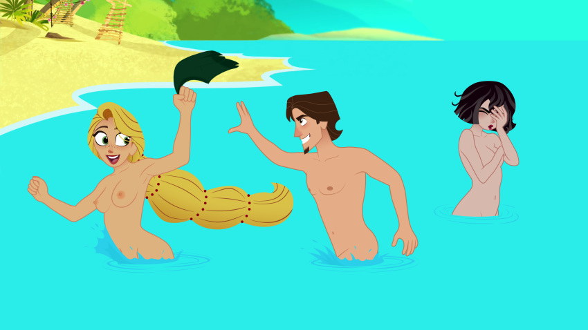 1boy 2girls beach blonde_female blonde_hair breasts cassandra_(tangled) eugene_fitzherbert female green_eyes male mehefin013 nipples nude outdoor_nudity outdoors rapunzel stolen_clothes stolen_swimming_trunks stolen_swimsuit tangled tangled:_the_series water