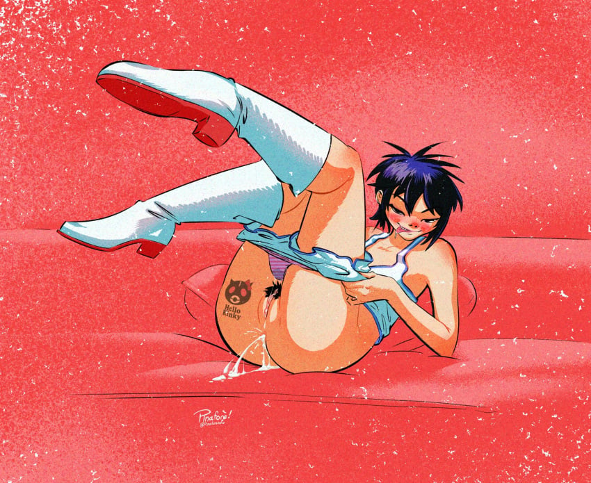 1girls after_anal after_sex asian athletic_shorts clothing cum dolphin_shorts female gorillaz hairy_pussy hi_res human laying_down noodle_(gorillaz) noodle_(pac-man) pale_skin pinafore_(artist) shorts sportswear tagme tattoo