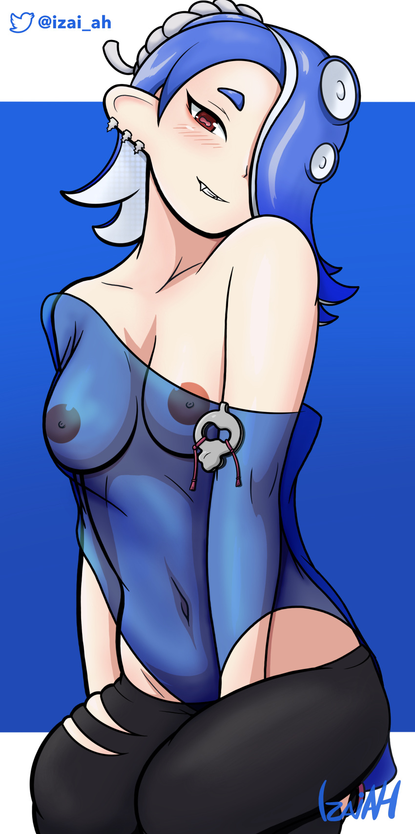 2022 areolae blue_hair breasts deep_cut_(splatoon) highres izai_ah izaiah_(artist) nintendo nipples red_eyes sharp_teeth shiver_(splatoon) smirk splatoon splatoon_3