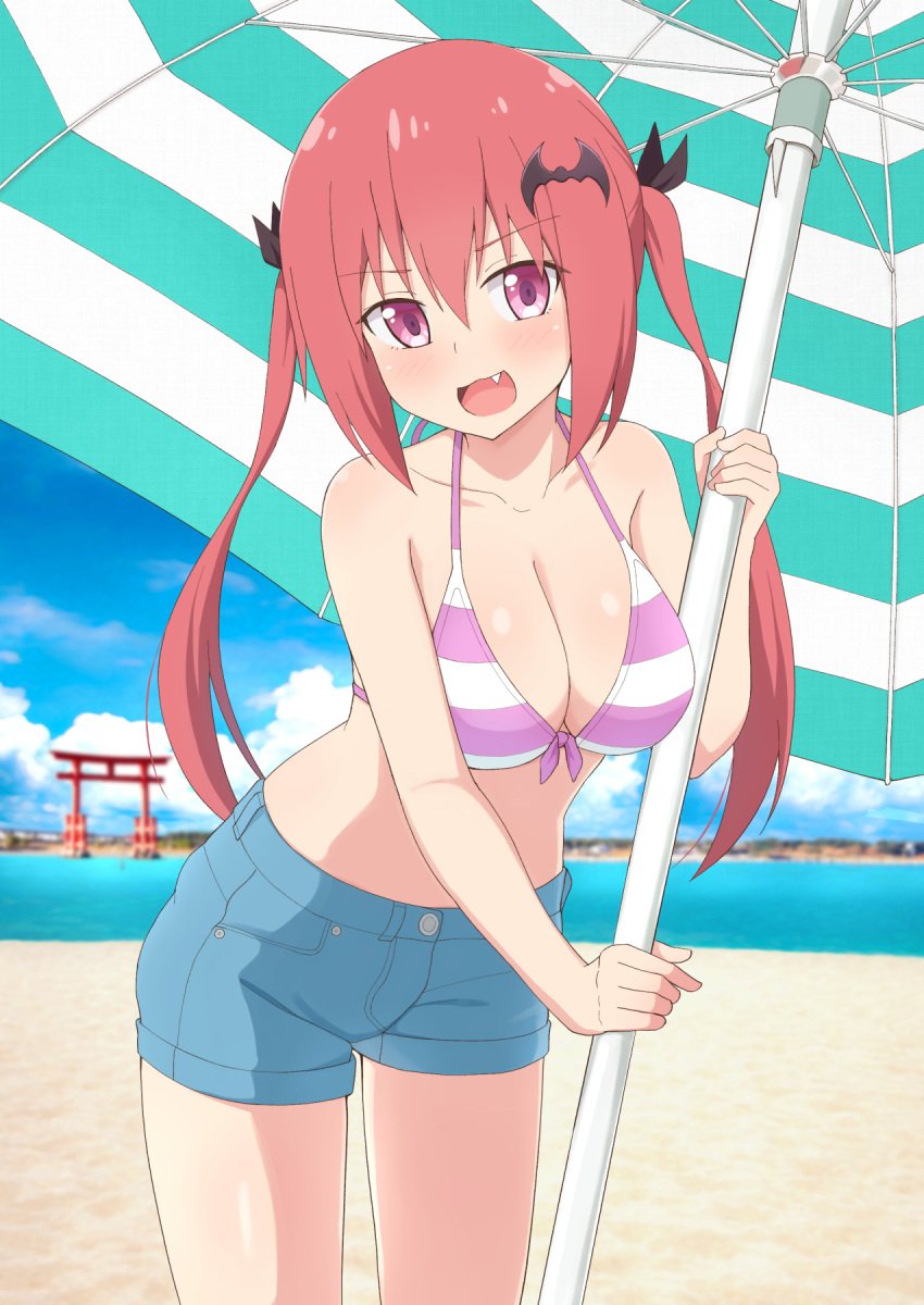 alternate_hairstyle bangs bare_shoulders bat_hair_ornament beach beach_umbrella bikini black_ribbon blue_footwear blue_sky blurry blurry_background blush breasts cleavage cloud cloudy_sky collarbone day denim denim_shorts female front-tie_bikini front-tie_top gabriel_dropout hair_between_eyes hair_ornament hair_ribbon hand_up highres holding kurumizawa_satanichia_mcdowell large_breasts leaning_forward long_hair looking_at_viewer nyaroon ocean oerba_yun_fang open_mouth outdoors pink_eyes red_hair ribbon sand satanichia_kurumizawa_mcdowell shiny shiny_hair short_shorts shorts sky smile solo standing striped striped_bikini swimsuit thighs tongue twintails umbrella water