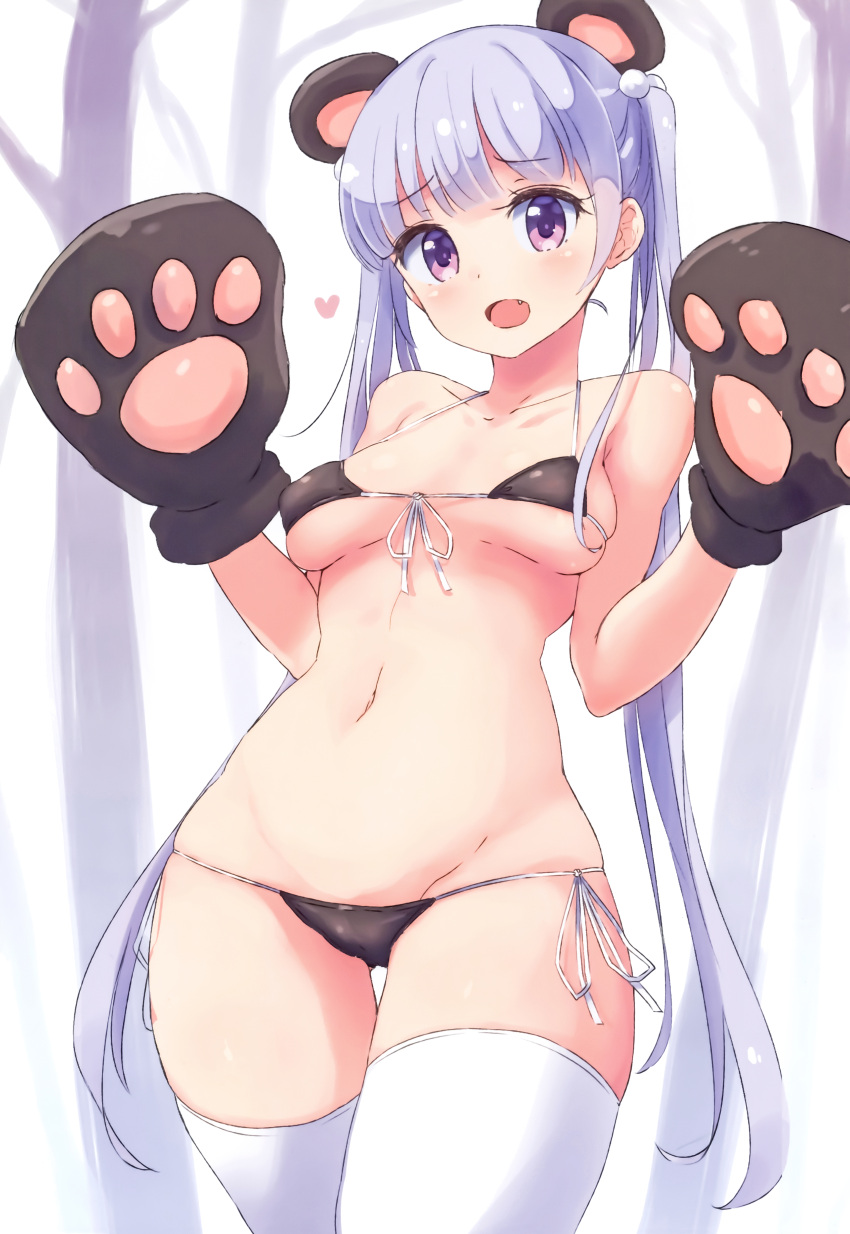 absurdres animal_ears animal_hands bear_ears bikini black_bikini blush cameltoe collarbone covered_nipples fake_animal_ears female gloves heart highres long_hair looking_at_viewer micro_bikini new_game! nitro_(mugityaoisii) non-web_source oerba_yun_fang open_mouth paw_gloves photoshop_(medium) purple_eyes purple_hair scan shiny shiny_hair side-tie_bikini simple_background smile solo standing suzukaze_aoba swimsuit thighhighs tree twintails white_background white_thighhighs