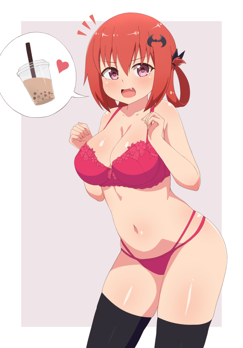 bad_id bad_pixiv_id bangs bat_hair_ornament black_thighhighs blush bow bow_bra bra breasts bubble_tea bubble_tea_challenge cleavage collarbone cup disposable_cup drinking_straw female gabriel_dropout hair_between_eyes hair_ornament hair_rings hands_up heart highres kurumizawa_satanichia_mcdowell large_breasts looking_at_viewer navel nyaroon oerba_yun_fang open_mouth pink_background pink_bra purple_eyes red_hair satanichia_kurumizawa_mcdowell shiny shiny_hair shiny_skin smile solo spoken_food spoken_heart standing thighhighs thighs tongue two-tone_background underwear underwear_only white_background