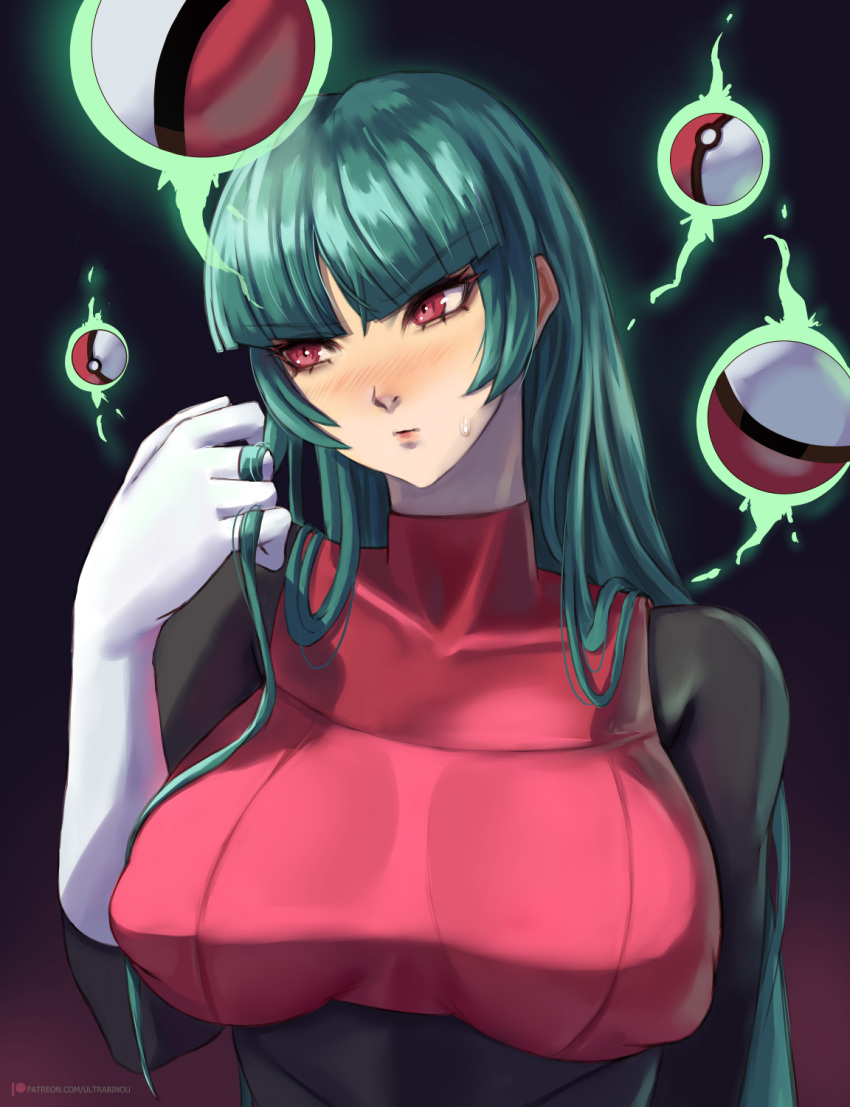 1girls blush covered_nipples gloves green_hair long_hair pokeball pokemon puffy_nipples red_eyes sabrina_(pokemon) ultrabinou watermark