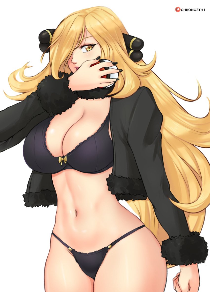 1girls big_breasts bikini_bottom black_bra black_nail_polish black_nails black_panties blonde_female blonde_hair bra breasts chronosth1 cleavage cynthia_(pokemon) female female_only game_freak gummslime hair hair_ornament hair_over_one_eye long_hair mature mature_female mature_woman nails no_pants panties pokeball pokemon pokemon_dppt skimpy solo solo_female topwear yellow_eyes