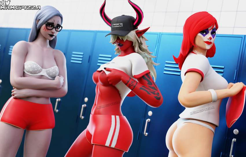 bloomers blush bra clown clown_girl clown_makeup clussy demon demon_girl desdemona_(fortnite) fortnite gehenna_(fortnite) glasses gym_shorts gym_uniform hertha_zahh locker_room mrmcpizza panties peekaboo_(fortnite) red_hair shy sole_female topless underwear white_hair