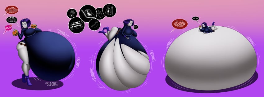 1girls ass belly belly_expansion belly_inflation belly_stuffing big_ass big_belly big_breasts bloated_belly breasts bubble_butt dc dc_comics dialogue expansion female female_only food grey_skin huge_belly hyper_belly inflation large_ass large_breasts molotco purple_hair rachel_roth raven_(dc) sequence stomach_noises stuffed stuffed_belly stuffing teen_titans text thick_thighs torn_clothes