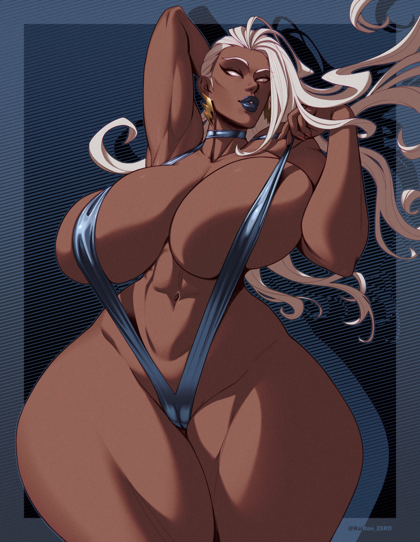 1girls african african_female armpits big_breasts big_lips bikini blonde_female blue_lips blue_lipstick blue_sling_bikini breasts cameltoe cleavage dark-skinned_female dark_skin ear_piercing earrings female female_only hair hips huge_breasts lips lipstick long_hair marvel marvel_comics ororo_munroe raidouzero skimpy skimpy_bikini sling_bikini solo solo_female storm_(x-men) swimsuit swimwear thick_lips thick_thighs thighs white_eyes white_hair wide_hips x-men