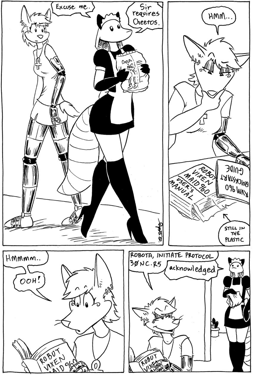 black_and_white canid canine canis clothing comic cybernetics cyborg female fox hi_res humor jackal machine maid_uniform male mammal monochrome robot sex tegerio uniform