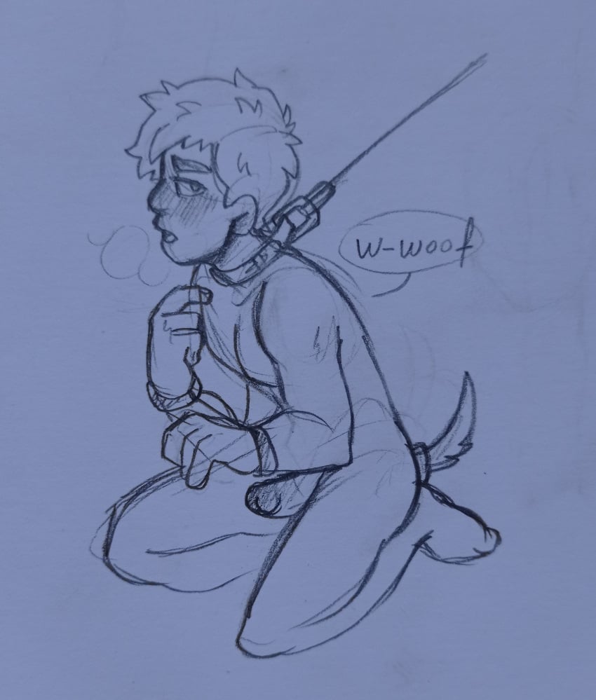 alex_(stardew_valley) barking buttplug collar handcuffs leash_and_collar leash_pull looking_back male_focus male_only petplay puppet serfuzzy stardew_valley tail_plug traditional_media_(artwork)