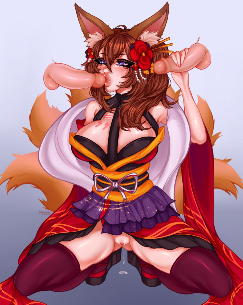 2boys barely_contained blue_eyes brown_hair caleen_keemosn commission crouching eyebrows_visible_through_hair eyeshadow fellatio female flower_in_hair fox_ear fox_girl fox_tail hair_ornament handjob high_heels kimono large_breasts long_hair long_sleeves multiple_penises multiple_tails no_panties penis platform_footwear pussy pussy_juice pussy_juice_drip ranpuchan runes signature star_ocean star_ocean_anamnesis thick_thighs thighhighs uncensored wedge_heels