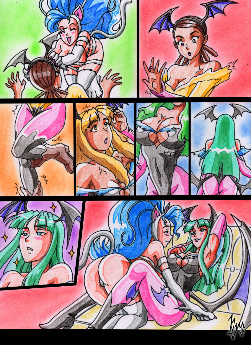 big_breasts blush breast_expansion clothing comic darkstalkers drawn felicia_(darkstalkers) kyo-domesticfucker medium_breasts morrigan_aensland sequence tagme transformation yuri