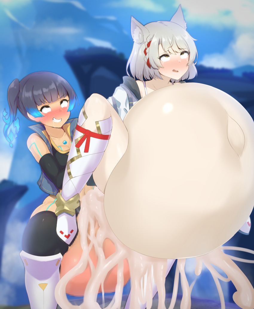 ahe_gao balls bangs black_hair blue_hair bottomless breasts cat_ears censored clothed clothed_sex clothing core_crystal cum cum_in_pussy cum_inside cumflation duo ejaculation female flaming_hair ftnranat futa_on_female futanari hi_res high_resolution highres human hyper hyper_balls hyper_penis inflation light-skinned_female light-skinned_futanari light_skin mio_(xenoblade) mosaic_censoring mostly_clothed orgasm partially_clothed penis rolling_eyes sena_(xenoblade) sex spread_legs squatting standing thighhighs tongue tongue_out two_tone_hair vaginal_penetration white_hair xenoblade_(series) xenoblade_chronicles_3