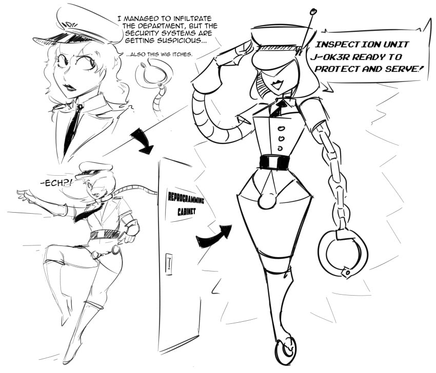 1boy akira_kurusu bulge crossdressing dunnhierdraws femboy joker_(persona) male_focus male_only mind_control monochrome persona_5 persona_5:_dancing_star_night police_hat police_uniform policewoman ren_amamiya restrained robot robot_boy robotization solo solo_male speech_bubble text