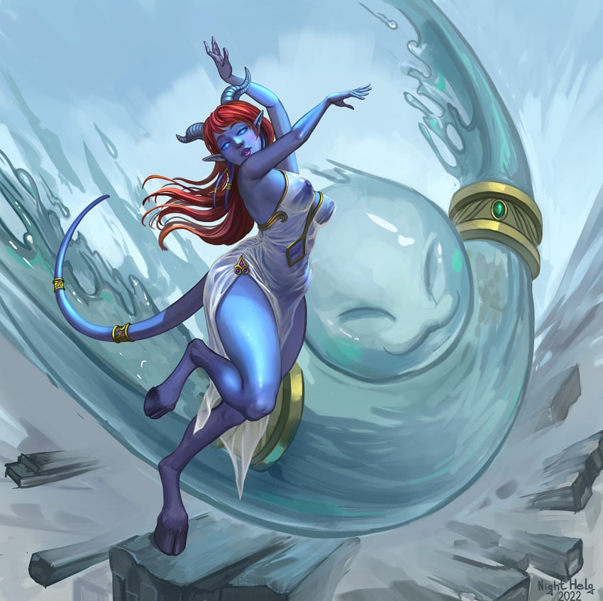 1girls bent_leg blizzard_entertainment blue_eyes blue_skin breasts detailed_background draenei draenei_female dress elemental_manipulation empty_eyes female female_only hi_res hooves horns horns_and_hooves long_hair nighthelg nipples nipples_visible_through_clothing pointy_ears red_hair shareel solo solo_female standing_on_one_leg tail tentacle thick_thighs warcraft water wet_clothes world_of_warcraft