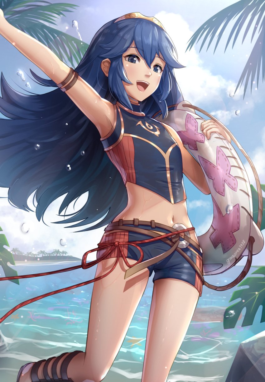 1girls :d alternate_costume arm_strap arm_up armpits bad_id bad_pixiv_id bangs bare_legs belt bikini blue_bikini blue_eyes blue_hair blue_shorts blue_swimsuit blush crop_top day female female_only fire_emblem fire_emblem_awakening fire_emblem_cipher flat_chest gonzarez highres innertube leg_up long_hair looking_at_viewer lucina_(fire_emblem) lucina_(summer)_(fire_emblem) navel nintendo ocean official_alternate_costume open_mouth outdoors short_shorts shorts sleeveless smile solo standing standing_on_one_leg stomach swimsuit thighs tiara water water_drop