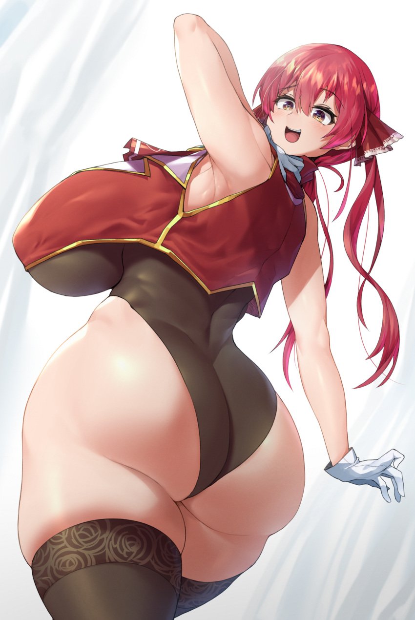 1girls alternate_breast_size armpits ass bare_shoulders big_ass big_breasts big_butt blush breasts butt clothed clothed_female clothing female female_only gloves heart heart-shaped_pupils hololive hololive_fantasy hololive_japan houshou_marine huge_breasts large_ass large_breasts leotard looking_at_viewer looking_back low-angle_view nipple_bulge non-nude open_mouth open_smile red_hair revealing_clothes sinensian smile solo solo_female standing thick_thighs thighhighs virtual_youtuber voluptuous white_background white_gloves wide_hips