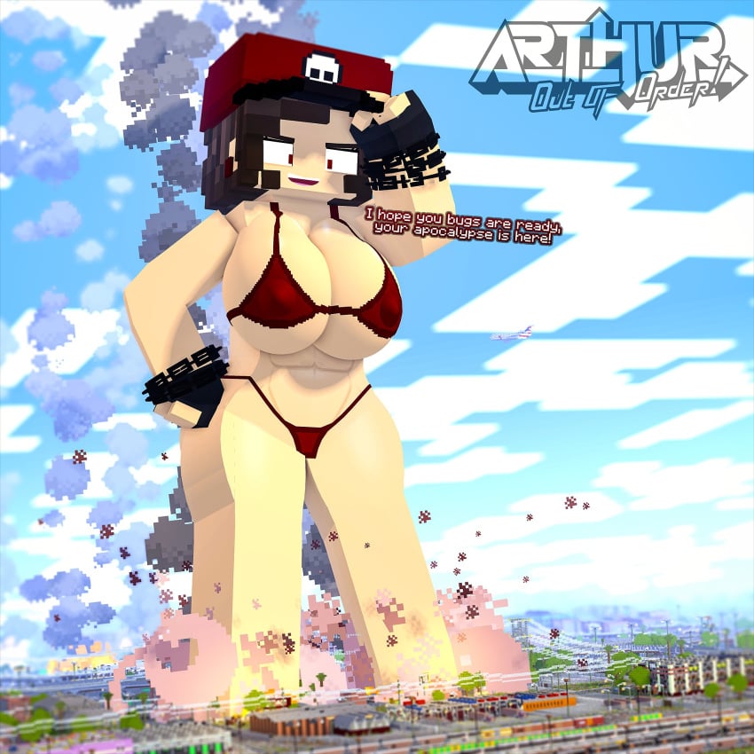 3d abs arthur32 big_breasts bikini breasts busty chains city cloud destruction dialogue ear_piercing female female_only fingerless_gloves fire giantess gloves hat huge_breasts karla_(gtsminecraft) large_breasts looking_down mine-imator minecraft nipple_bulge outside piercing red_eyes sky smile smoke text thick_thighs tree wide_hips