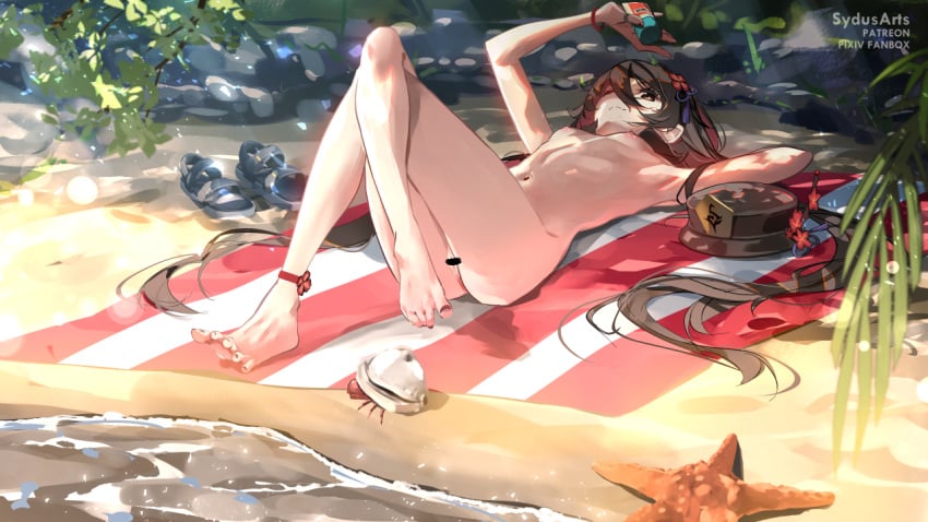 anklet bangs bar_censor beach black_hair black_nails bottle breasts brown_eyes censored closed_mouth completely_nude crossed_legs day female flower genshin_impact hair_between_eyes hat hat_flower hat_removed headwear_removed hermit_crab holding holding_bottle hu_tao_(genshin_impact) jewelry knees_up legs long_hair lotion lying nail_polish navel nipples nude on_back one_eye_closed outdoors plum_blossoms pussy ring sand sandals shoes shoes_removed small_breasts solo starfish stomach sunscreen sydus thighs toenail_polish toenails twintails very_long_hair