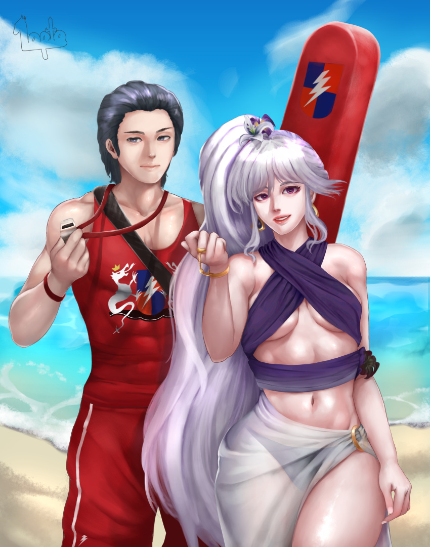 1boy 1girls abs alternate_costume bangs bare_midriff bare_thighs beach bikini black_hair breasts earrings female fire_emblem fire_emblem:_genealogy_of_the_holy_war fire_emblem:_thracia_776 grey_hair grin ishtar_(fire_emblem) lifeguard long_hair looking_at_viewer lopto medium_breasts medium_hair midriff muscular muscular_male nintendo ocean outdoors pink_eyes ponytail purple_bikini purple_swimsuit reinhardt_(fire_emblem) sarong see-through smile swimsuit thighs underboob very_long_hair