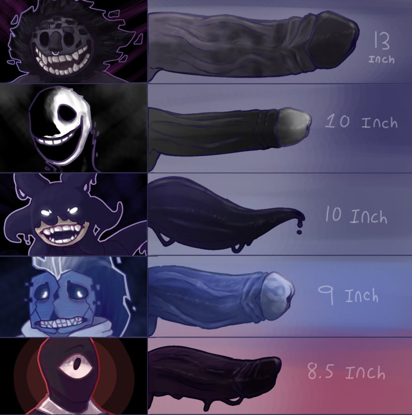 5boys artist_request black_eyes bob_(solarflopp) comparing_penis doors_(roblox) erect_penis erection jack_(doors) misery_(oc) oc penis_chart penis_comparison penis_size_chart roblox roblox_game rush_(doors) screech_(doors) seek_(doors) size_comparison slimey source_request