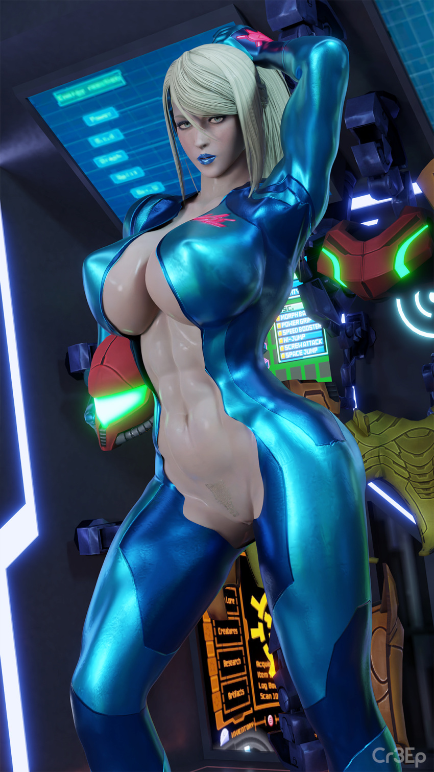 1girls 3d 3d_(artwork) alternate_version_available armor big_breasts big_lips blonde_female blonde_hair blue_bodysuit blue_eyes blue_lips blue_lipstick bodysuit breasts cr3epsfm erect_nipples female female_only hand_on_head helmet helmet_with_visor huge_breasts lips mature mature_female mature_woman metroid open_bodysuit ponytail pubes pubic_hair samus_aran sarah_bryant_(model) solo_female thick_lips thick_thighs thighs tight_clothing varia_suit varia_suit_helmet yellow_pubic_hair zero_suit zero_suit_samus