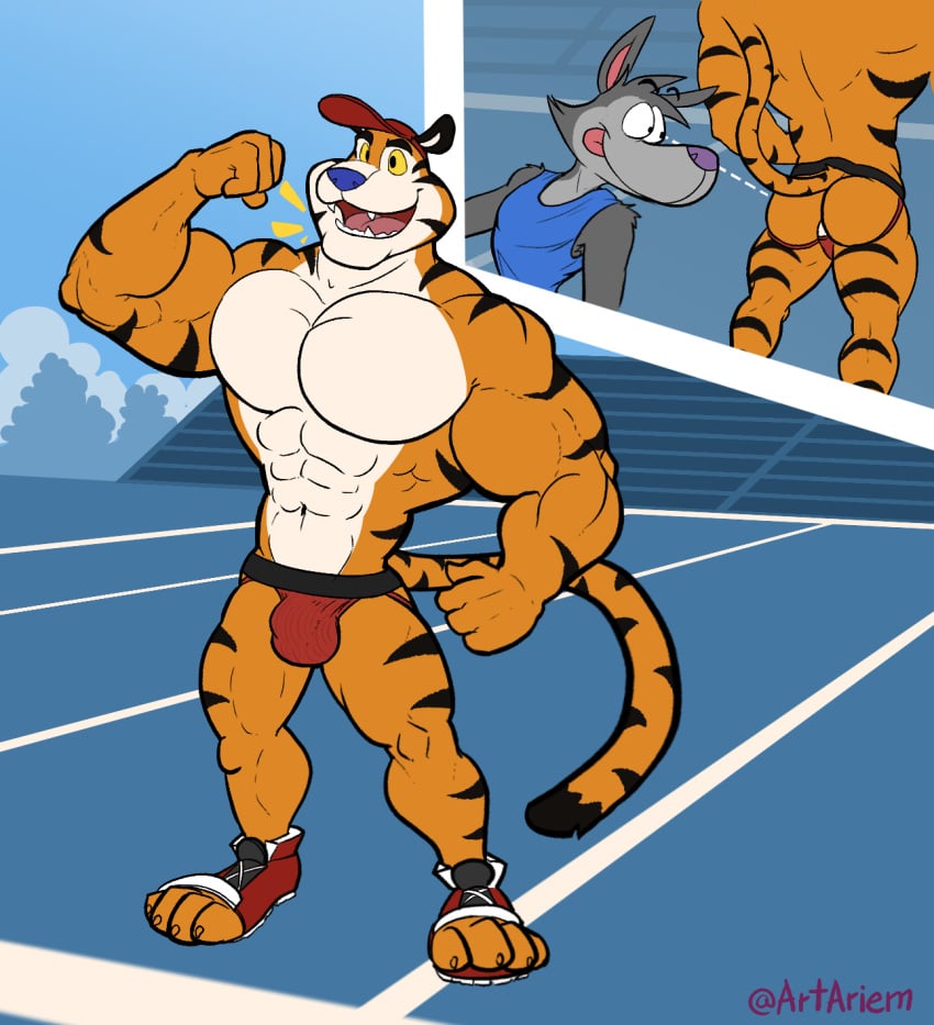 2022 2boys abs anthro artariem ass big_biceps big_muscles big_pecs bleachers blue_nose canid canine canis chip_the_wolf clothing cookie_crisp duo fangs felid flexing_bicep football_field footwear frosted_flakes furgonomics gay grey_body headgear headwear hi_res jockstrap kellogg's looking_at_butt male male/male male_only mammal mascot muscular orange_body pantherine pecs red_clothing red_jockstrap red_underwear shirt shoes slim smile tank_top tiger tongue tongue_out tony_the_tiger topwear underwear white_chest wolf yellow_eyes