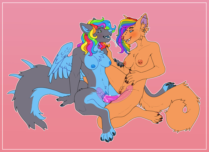 absurd_res anthro anus ass bed blue_eyes bodily_fluids canid canine canis claws digital_media_(artwork) dildo domestic_cat double_dildo duo ear_piercing felid feline felis female female/female from_front_position fur furniture genital_fluids genitals hair hi_res inner_ear_fluff kinksiyo legs_up lgbt_pride looking_at_viewer looking_back lying mammal mia_dyke_(character) missionary_position multicolored_body multicolored_fur multicolored_hair nude on_back on_bed penetration piercing pride_colors pussy pussy_juice rainbow rainbow_hair rainbow_pride_colors sex sex_toy simple_background six-stripe_rainbow_pride_colors smile spread_legs spreading tuft two_tone_body two_tone_fur vaginal_penetration white_body white_fur wolky