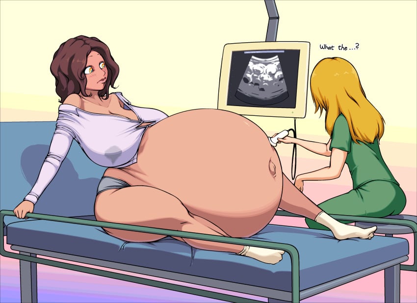 2girls big_breasts breasts female female_only huge_belly hyper_belly hyper_pregnancy lactation lactation large_breasts maternal-reads milk pregnant ready_to_pop ultrasound