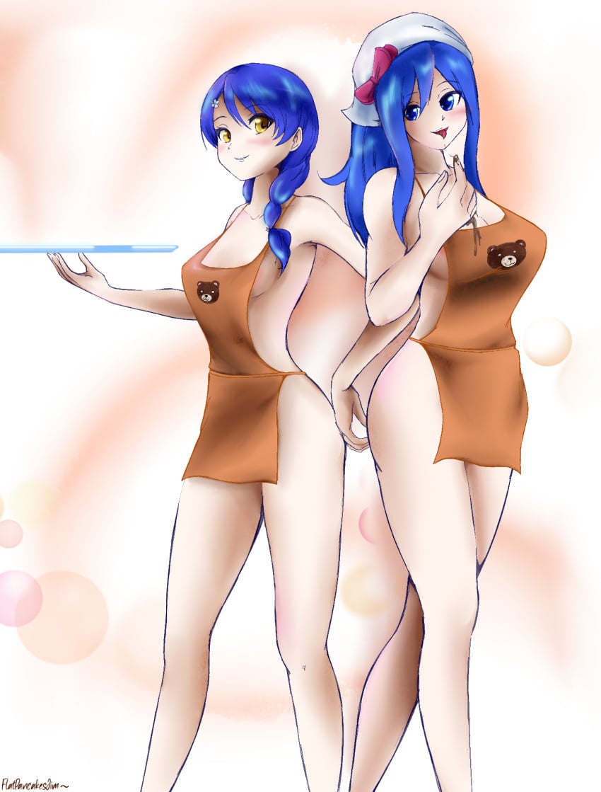 2girls apron apron_only baking baking_tray blue_eyes blue_hair crossover eating fairy_tail flatpancakes juvia_lockser large_breasts licking licking_fingers looking_at_another multiple_girls naked_apron shokugeki_no_souma tadokoro_megumi thick_thighs tongue_out