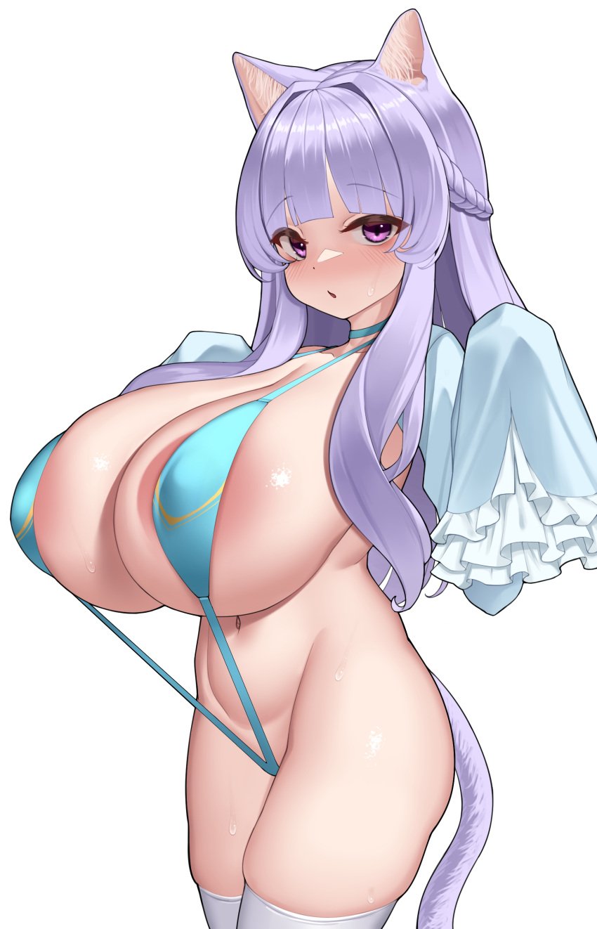 1girls animal_humanoid big_breasts breasts cat_ears cat_tail eye_contact female female_only humanoid kaedeno_yuu legwear light_skin long_hair looking_at_viewer original purple_eyes purple_hair shortstack sling_bikini smaller_female standing tail thick_thighs thighhighs thighs white_background