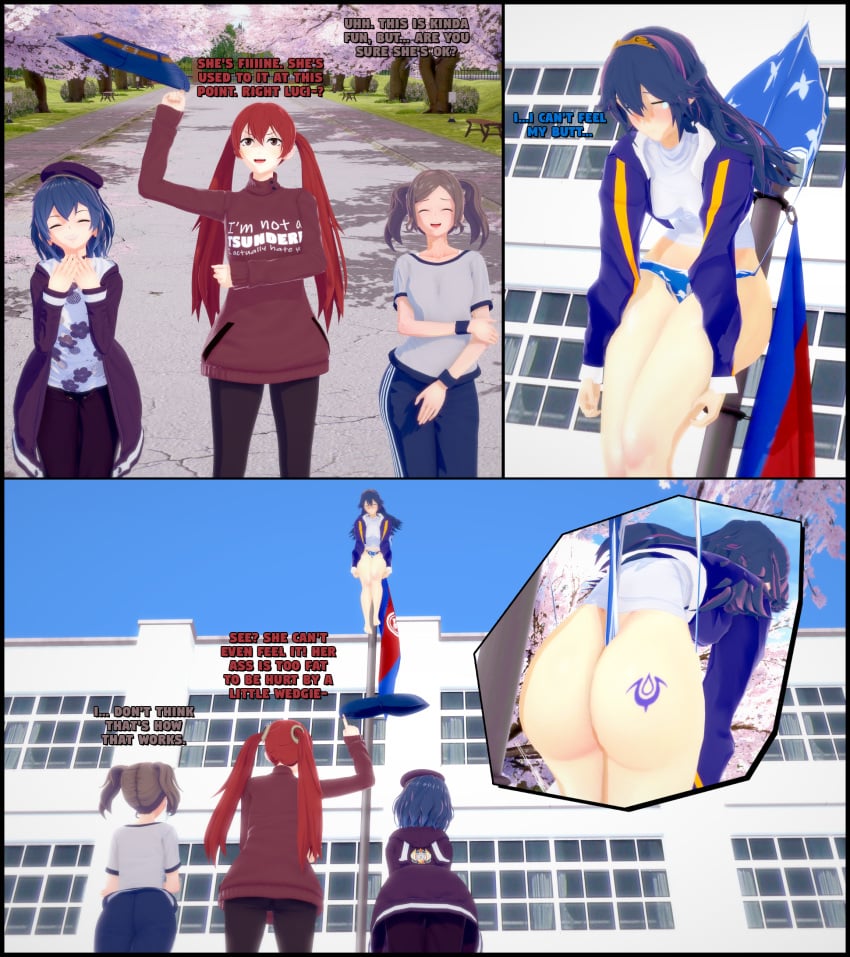3d 4girls amanwithnoplan ass ass_tattoo big_ass big_butt blue_hair building cynthia_(fire_emblem) english_text female female_only fire_emblem fire_emblem_awakening flag hanging_wedgie humiliation koikatsu large_ass long_hair lucina_(fire_emblem) morgan_(fire_emblem) morgan_(fire_emblem)_(female) multiple_girls pole red_hair school severa_(fire_emblem) sky tattoo text twintails underwear wedgie