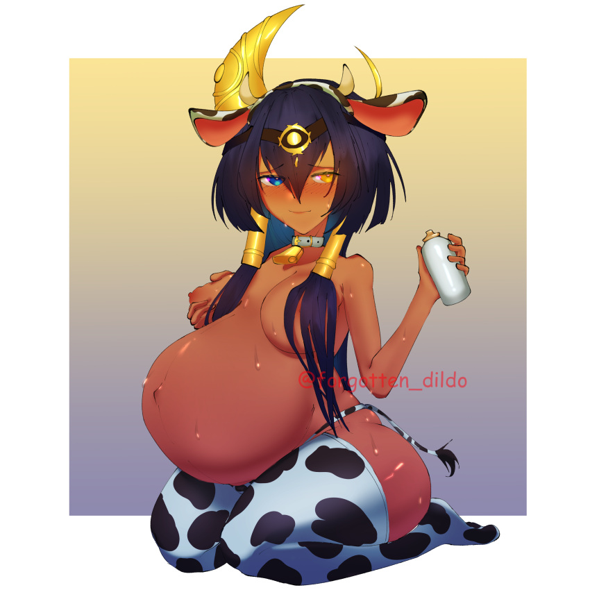 1girls 2022 absurd_res absurdres baby_bottle bell_collar belly belly_button big_belly blue_background blue_eyes blush candace_(genshin_impact) collar collarbone cow_girl cow_headband cow_horns cow_print cow_tail cowgirl dark-skinned_female dark_blue_hair eyebrows_visible_through_hair eyes eyes_visible_through_hair female first_porn_of_character forgotten_dildo genshin_impact gold_(metal) gold_eyes grabbing_own_breast gradient_background headband headwear heart-shaped_pupils heterochromia high_resolution highres holding_bottle holding_object horns light-skinned_female light_skin looking_away looking_pleasured milk_bottle nervous_smile on_knees pregnancy pregnant sitting sitting_down squeezing_breast sweat sweatdrop tanned tanned_female tanned_skin thick thick_thighs thighhighs thong thong_bikini white_background yellow_background yellow_eyes