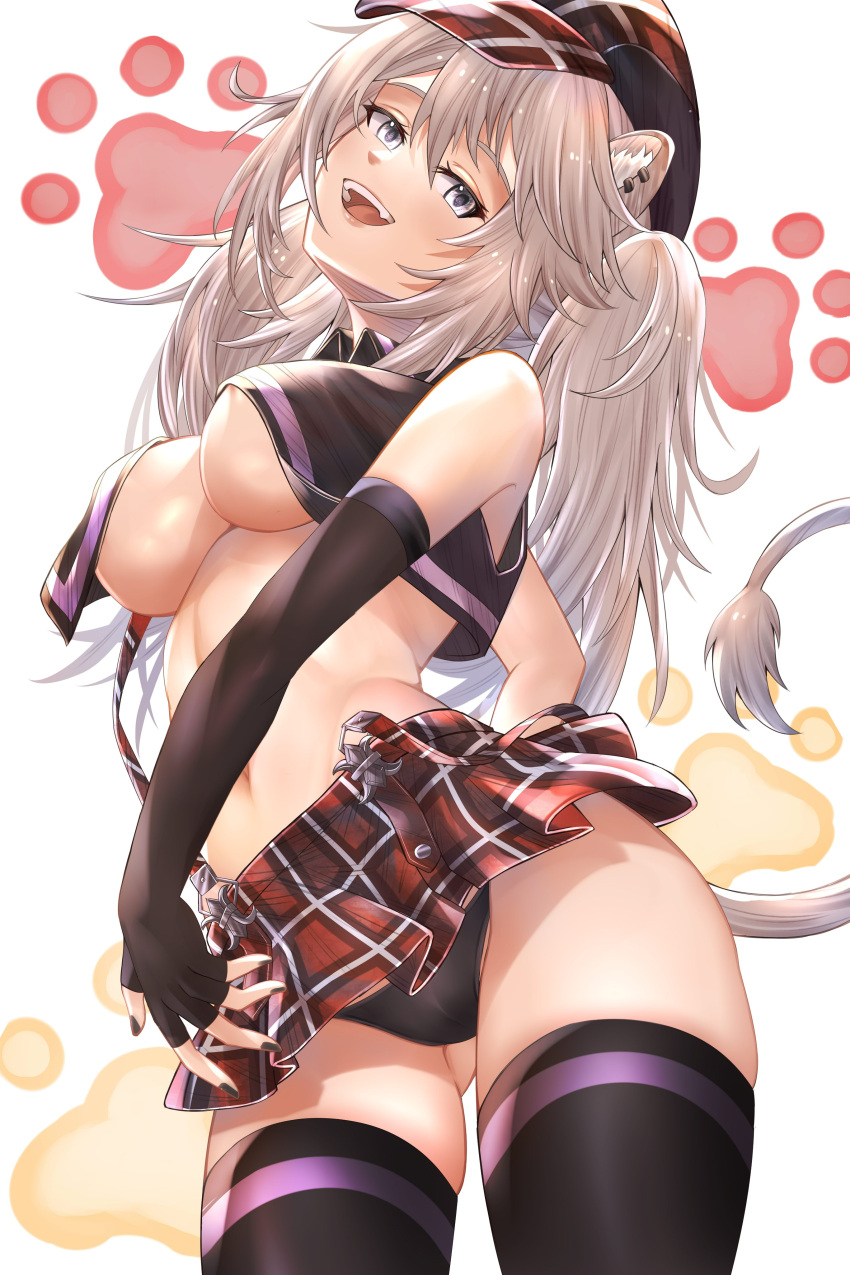 abs big_breasts black_underwear cosplay hat hololive hololive_gen_5 hololive_japan honkivampy lion_ears long_hair shishiro_botan short_skirt tail thick_thighs thighhighs underboob virtual_youtuber white_hair