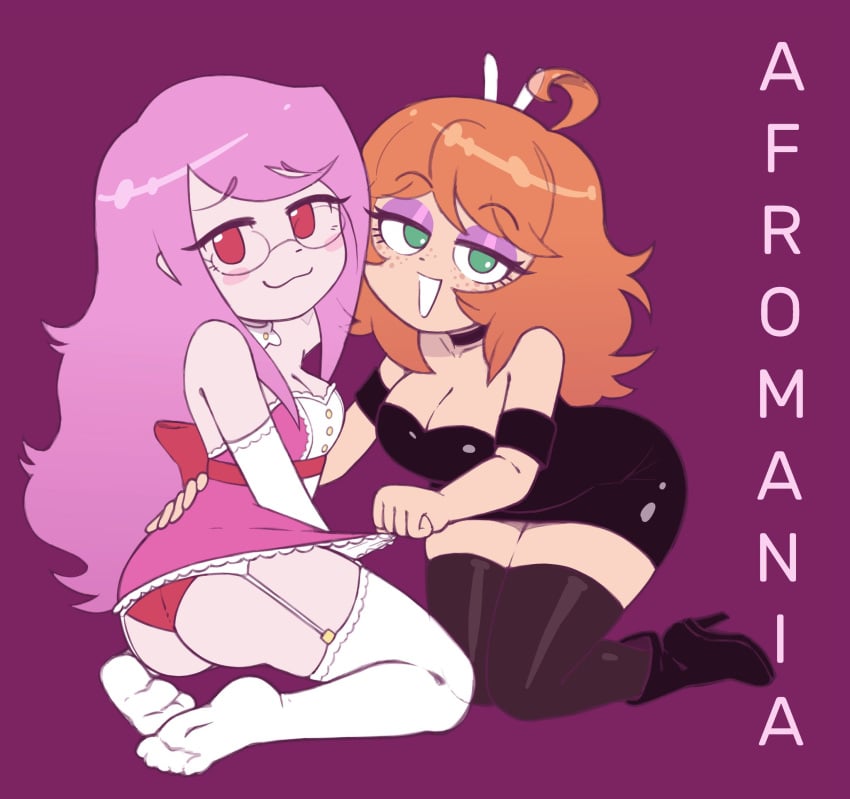 2girls :3 afroninja360 black_dress dress formal formal_wear ginger_(afroninja360) glasses looking_at_viewer mitsuki_(afroninja360) multiple_girls original pantyhose peace_sign pink_dress red_panties sitting smile stockings tagme triangle_mouth vilrot