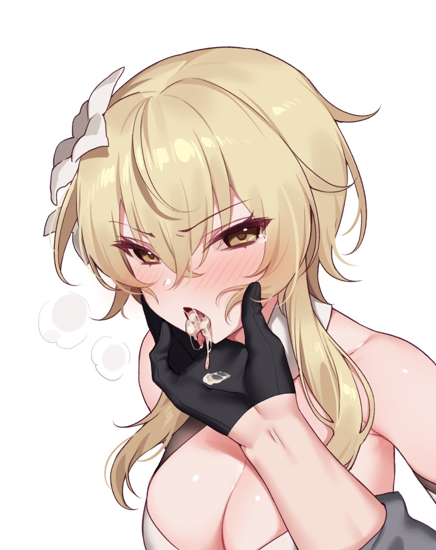 1boy 1boy1girl 1girls after_fellatio after_oral bangs blonde_female blonde_hair blush breasts childe_(genshin_impact) cleavage cum cum_in_mouth female flower genshin_impact gloves hair_between_eyes hair_flower hair_ornament hand_on_another's_chin highres ia_(ias1010) implied_oral lumine_(genshin_impact) male male/female male_out_of_frame straight tartaglia_(genshin_impact) tears white_background yellow_eyes