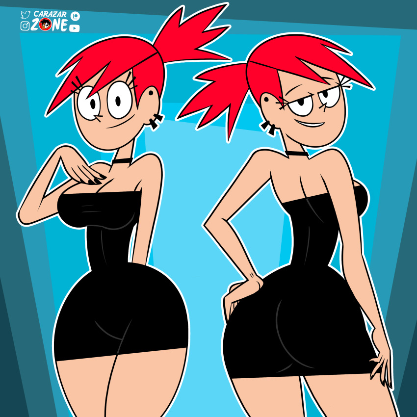 1girls 2022 black_dress black_nail_polish blue_background breasts carazar_zone cartoon_network clothed foster's_home_for_imaginary_friends frankie_foster full_body fully_clothed half-closed_eyes high_resolution highres looking_at_viewer looking_back smiling_at_viewer solo_female tagme teenager young_adult