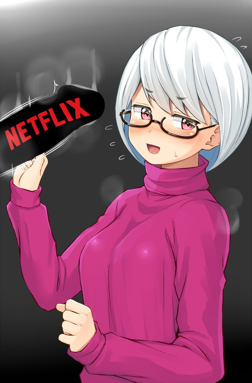 1boy absurdres bangs black-framed_eyewear blush bob_cut borrowed_character censored commentary_request eisu-chan_(eisu) female flying_sweatdrops glasses highres kitsunerider long_sleeves looking_to_the_side netflix nose_blush novelty_censor open_mouth original penis penis_awe pink_sweater semi-rimless_eyewear short_hair smile solo_focus straight sweater turtleneck turtleneck_sweater under-rim_eyewear upper_body white_hair