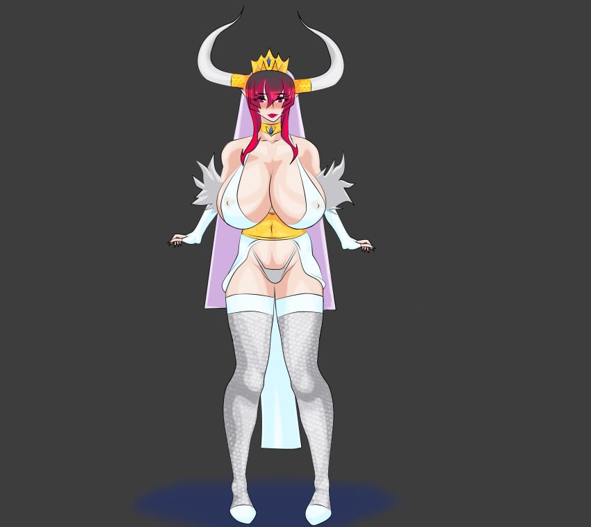 bridal_veil bride demon_girl demon_horns huge_breasts lipstick mai_(supernova) multicolored_hair pink_eyes supernova_(artist) wedding_dress wedding_lingerie wedding_veil