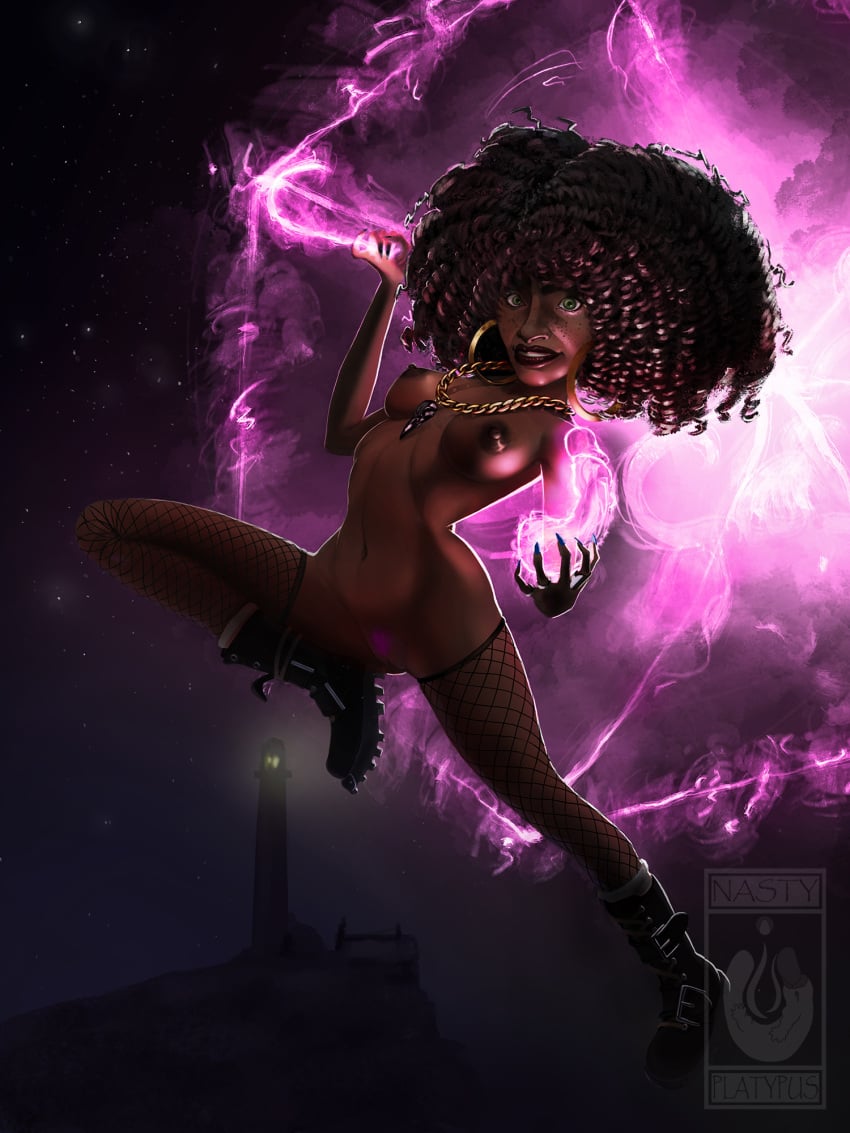 1girls afro bethesda_softworks black black_boots black_hair black_skin boots breasts bush bushy_pubes dark-skinned_female dark_hair dark_skin earrings energy_dildo female female_only fingernails fishnet_leggings fishnet_legwear fishnet_stockings flying game green_eyes hoop_earrings hoop_earrings_oversized jewelry layla layla_ellison leather_boots long_fingernails naked nastyplatypus necklace necklace_between_breasts night nipples pinup pinup_pose pointy_fingernails powers psionics psychic_dildo psychic_powers pubic_hair pussy redfall solo solo_female umbrella witch