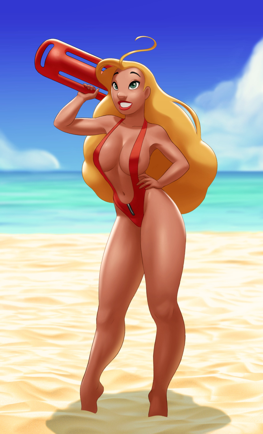 1girls 2022 alternate_version_available areolae barefoot big_breasts bikini blonde_female blonde_hair breasts clothing disney feet female female_only full_body green_eyes hair hand_on_hip hips human legs lifeguard lifeguard_(lilo_and_stitch) lilo_and_stitch lips lipstick long_hair pechi red_bikini red_lips red_lipstick red_sling_bikini rescue_buoy sand sling_bikini solo solo_female swimsuit swimwear thick_lips thighs water