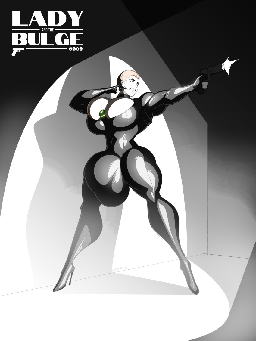 1futa alex_green_(nosunato) balls black_bodysuit bodysuit breasts bulge bursting_breasts full_body futa_only futanari gigantic_penis gun human magazine_cover nosunato nude parody penis solo standing thick_thighs wide_hips