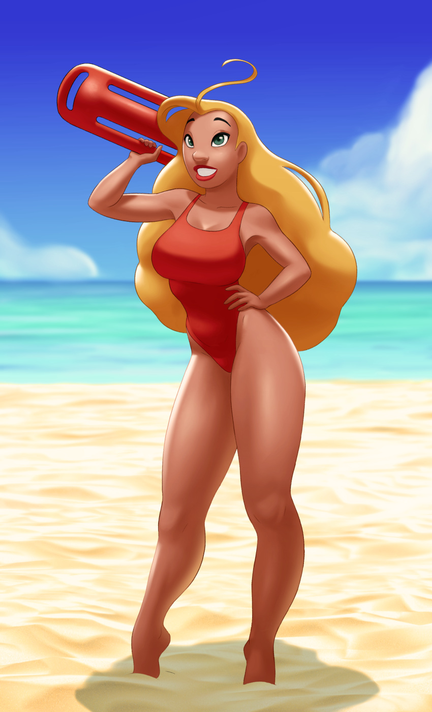 1girls 2022 alternate_version_available barefoot big_breasts blonde_female blonde_hair breasts disney feet female female_only full_body green_eyes hair hand_on_hip hips human legs lifeguard lifeguard_(lilo_and_stitch) lilo_and_stitch lips lipstick long_hair one-piece_swimsuit pechi red_bikini red_lips red_lipstick red_swimsuit rescue_buoy sand solo solo_female swimsuit swimwear thick_lips thighs water