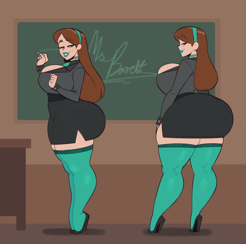 1girls 2d ass big_ass big_breasts big_butt big_lips breasts brown_hair chalk chalkboard classroom cleavage clothed clothing female female_only high_heels large_ass light-skinned_female light_skin lips lipstick looking_at_viewer looking_back ms_barrett original original_character smile solo solo_female teacher teal_lips teal_lipstick thick_lips thick_thighs thighhighs wide_hips zetaskully