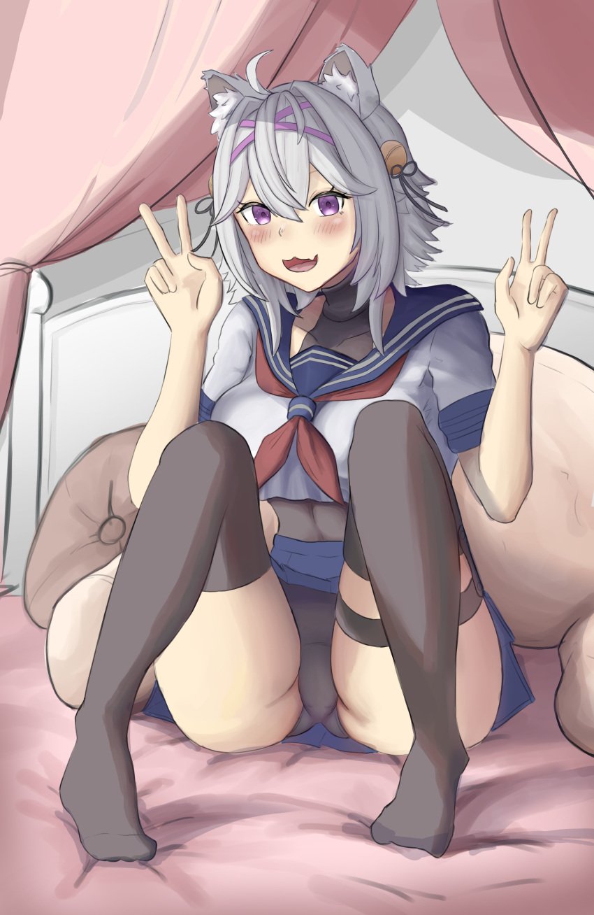 1girls blush double_v filian filian_(vtuber) grey_hair indie_virtual_youtuber open_mouth purple_eyes shou_minamigami sitting skirt solo thigh_strap thighhighs thighs upskirt v virtual_youtuber