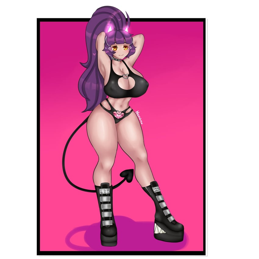 big_ass big_breasts boots demon_girl fuamyero hanano_(oc) latex original_character purple_hair smile tagme tattoo