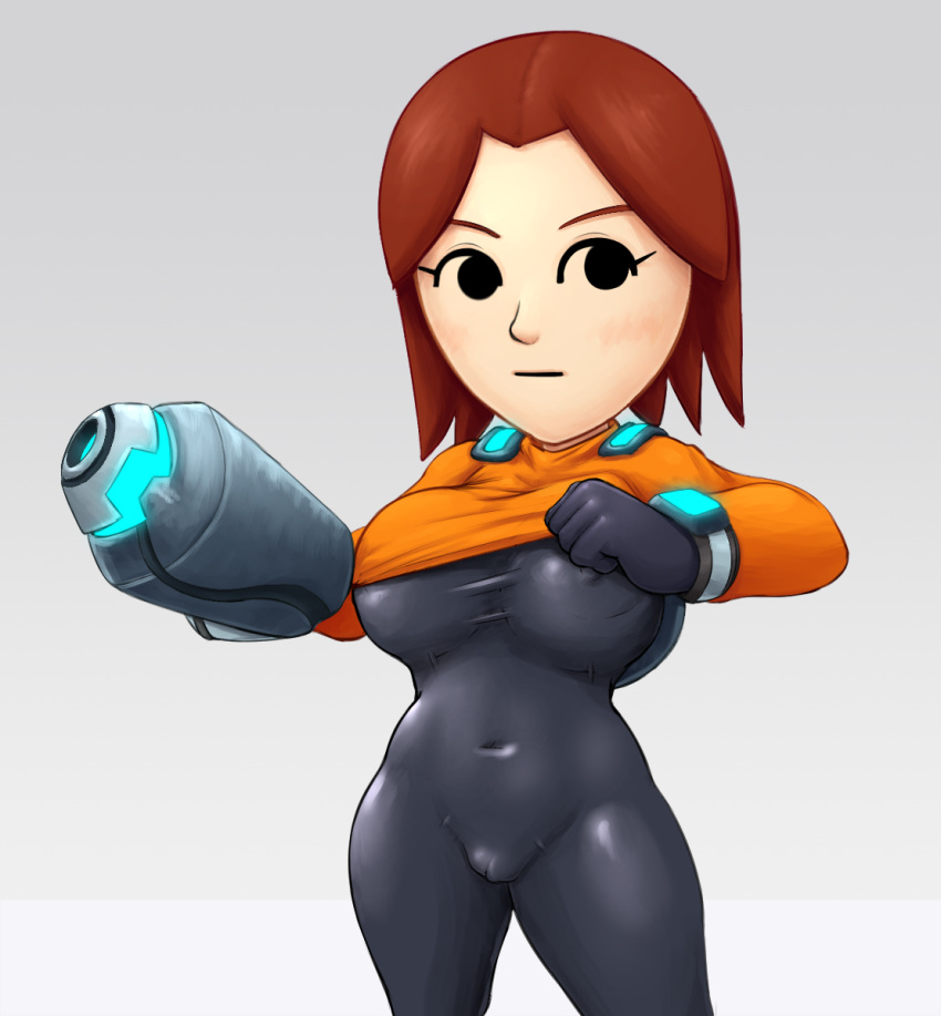 1girls arm_cannon big_breasts bodysuit breasts brown_hair cameltoe cowboy_shot erect_nipples expressionless female female_only gloves grey_background grey_impact lifted_by_self looking_to_the_side mii mii_gunner mii_gunner_(smash_4) mob_face navel nintendo nipples orange_hair orange_shirt orange_sweater png shirt_lift shortstack skin_tight solo solo_focus super_smash_bros. super_smash_bros._for_nintendo_3ds_and_wii_u thick thick_thighs wide_hips