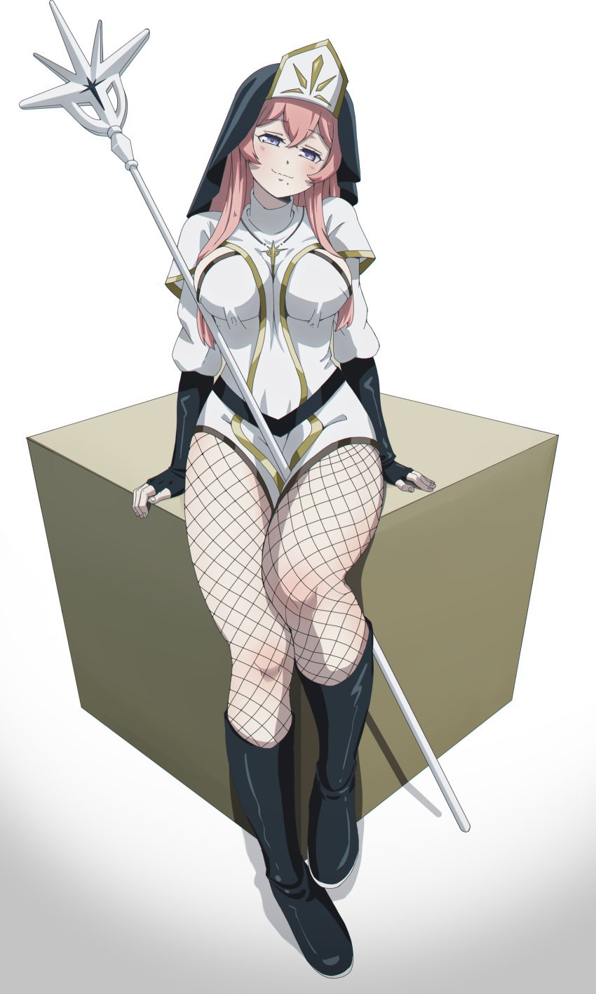 big_breasts black_boots boots female female_only fishnets lilynette_piani long_hair overlord_(maruyama) pink_hair priestess simple_background smile solo staff white_skin