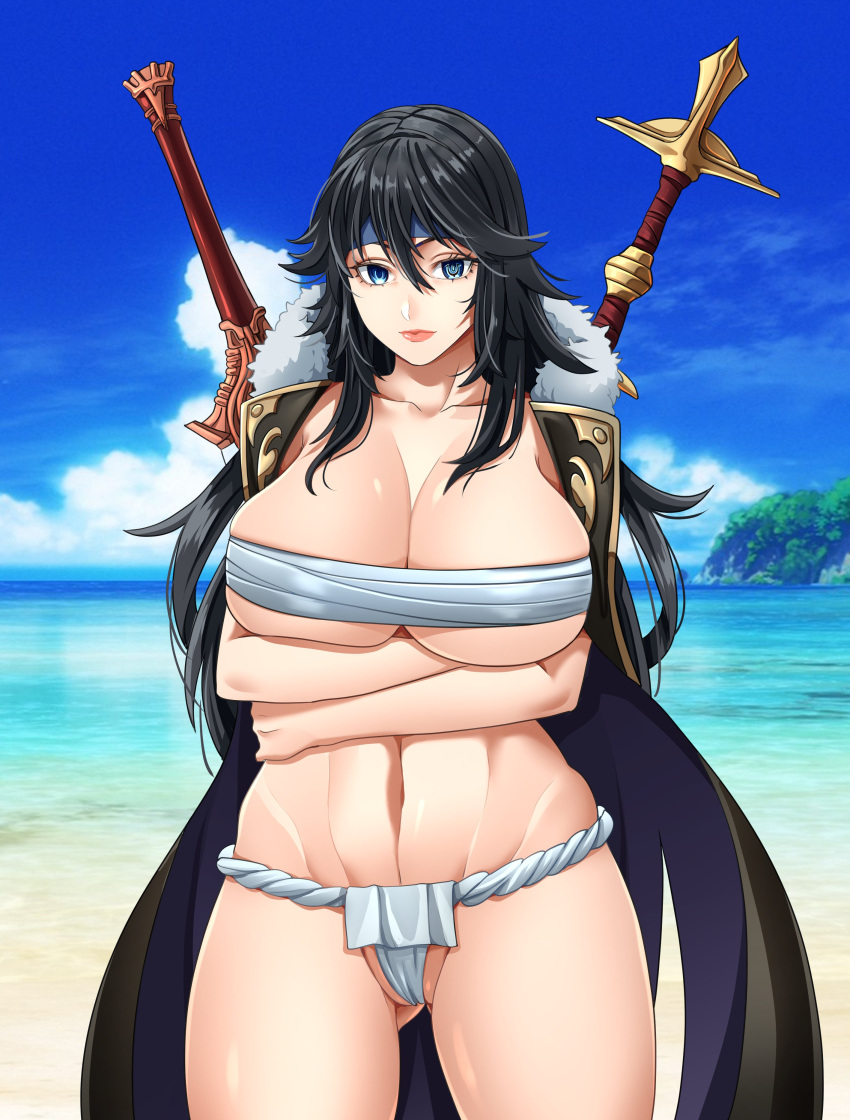 1girls 2022 almost_naked alternate_breast_size alternate_color alternate_costume alternate_hair_color ass_visible_through_thighs bare_thighs barefoot beach big_breasts black_hair breasts cleavage curvy exposed_midriff exposed_navel falchion_(fire_emblem) feet_out_of_frame female female_only fire_emblem fire_emblem_awakening functionally_nude functionally_nude_female fundoshi half_naked headband huge_breasts kerana_art large_breasts long_hair lucina_(fire_emblem) midriff mostly_nude mostly_nude_female multiple_swords navel nintendo ocean outdoors sarashi say'ri_(fire_emblem)_(cosplay) sword symbol-shaped_pupils thick_thighs thighs thunder_thighs underboob voluptuous weapon wide_hips